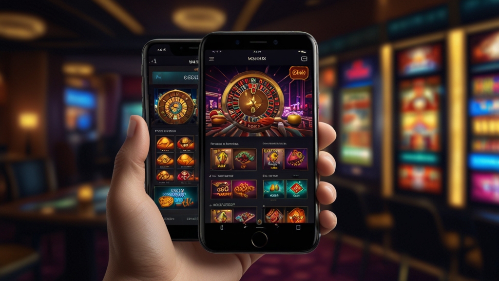 Casino app bonus page and account menu displayed on a smartphone in a dark neon scene