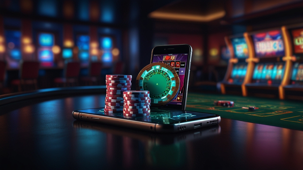 Smartphone showing a casino app download screen in a dark neon casino setting