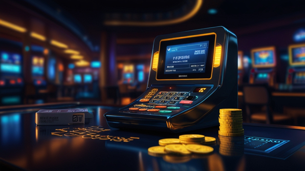 Casino cashier desk with cards, wallet icons, and chips in a dark neon setting