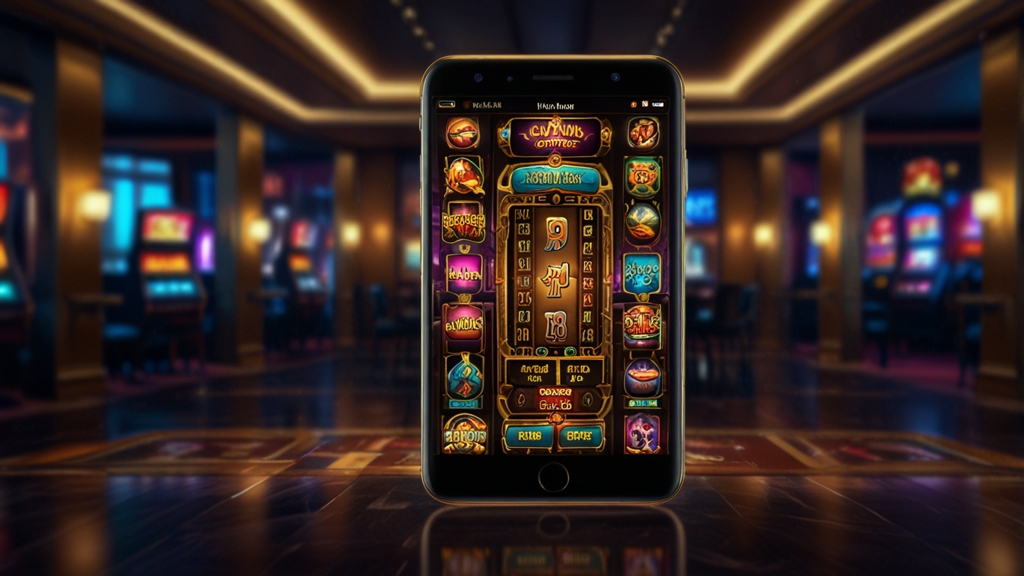 Mobile casino lobby interface with game tiles on a smartphone in a dark neon setting